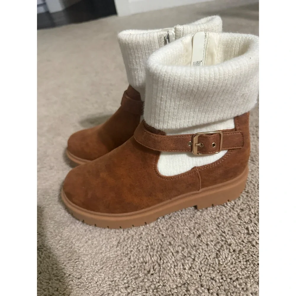 Girls Brown Faux Suede Ankle Boots Ribbed Knit Collar Buckle Strap Size 4